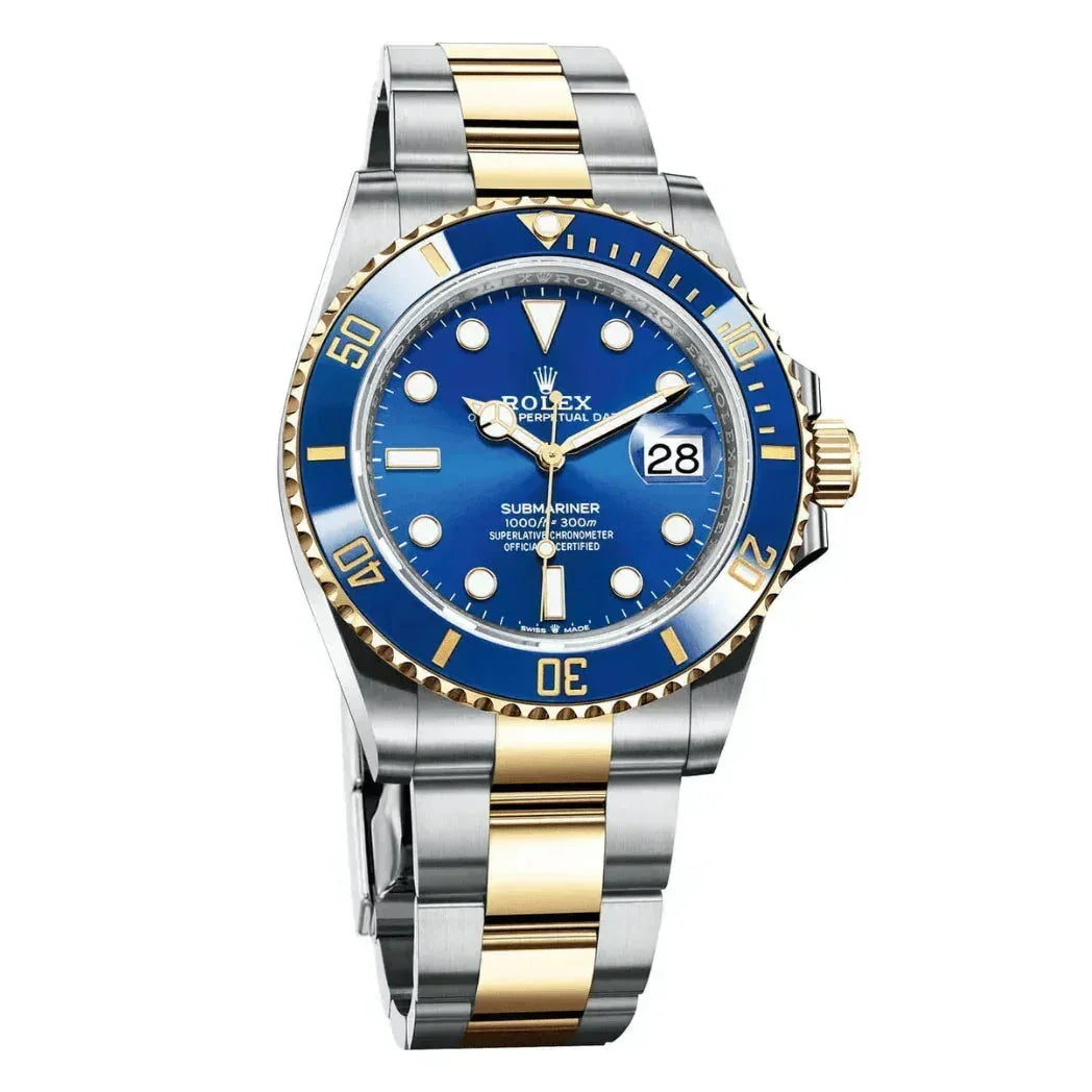 Rolex Submariner two-tone gold and silver watch with blue dial and bezel on white background