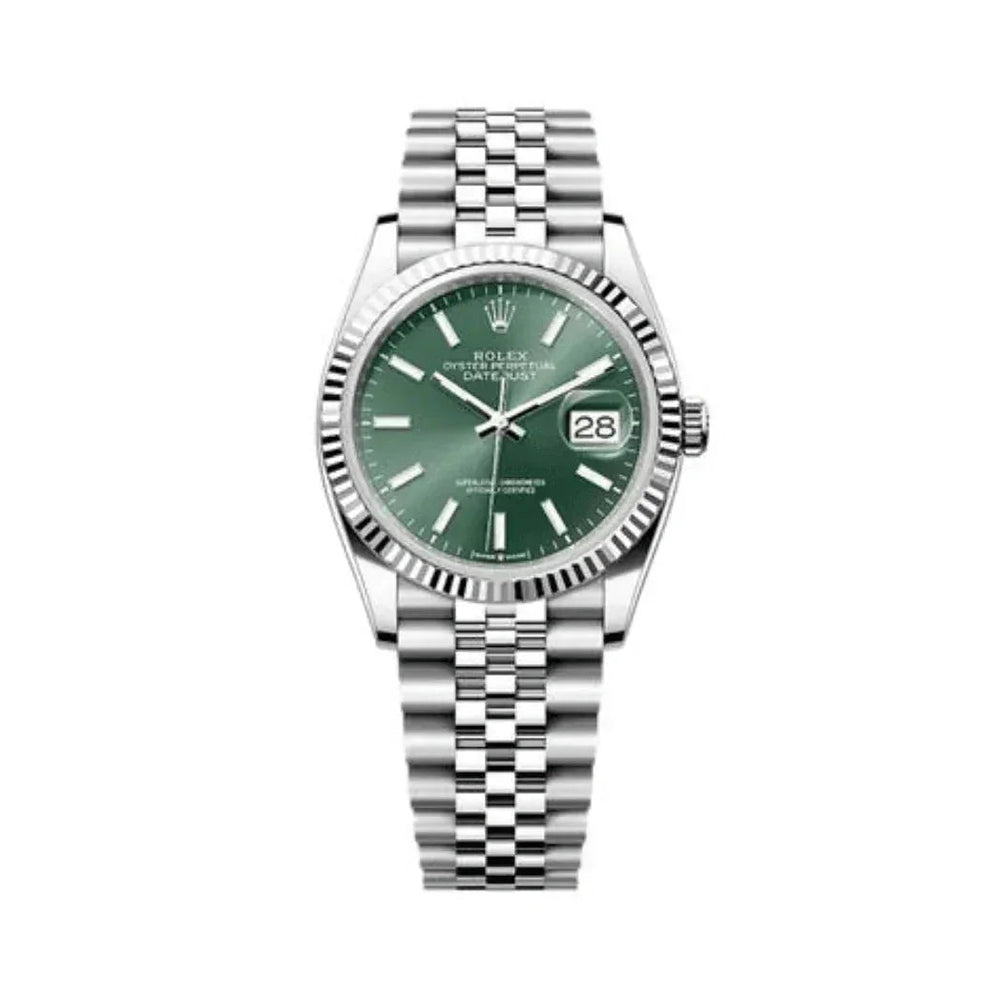 Stainless steel Rolex Datejust watch with green dial and silver jubilee bracelet