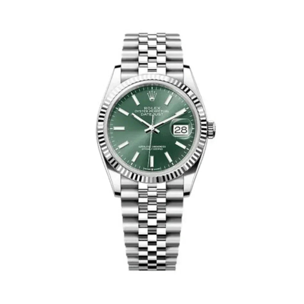 Stainless steel Rolex Datejust watch with green dial and silver jubilee bracelet