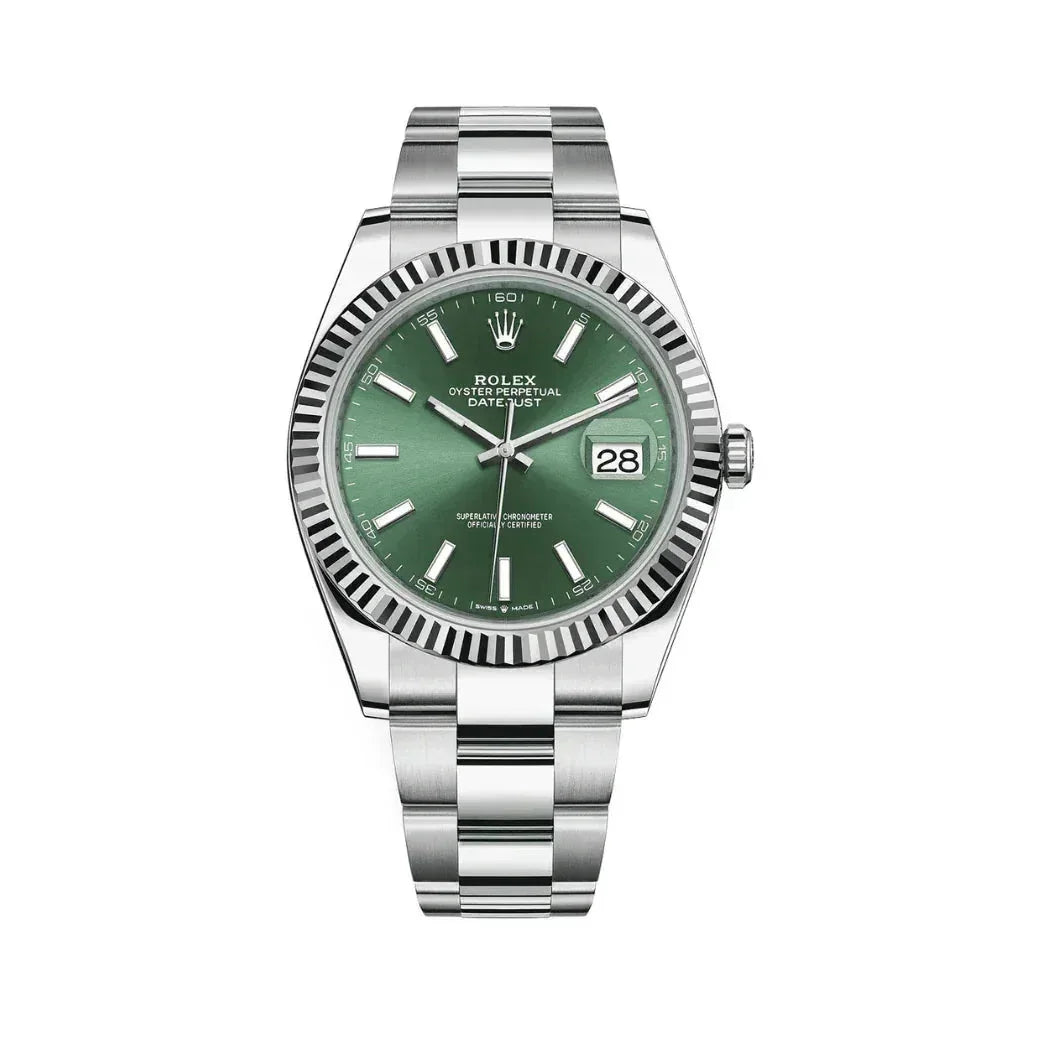 Rolex Datejust stainless steel watch with green dial and fluted bezel