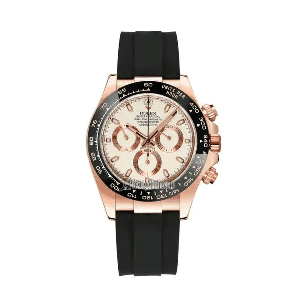 Rolex Daytona rose gold chronograph watch with black bezel and black rubber strap