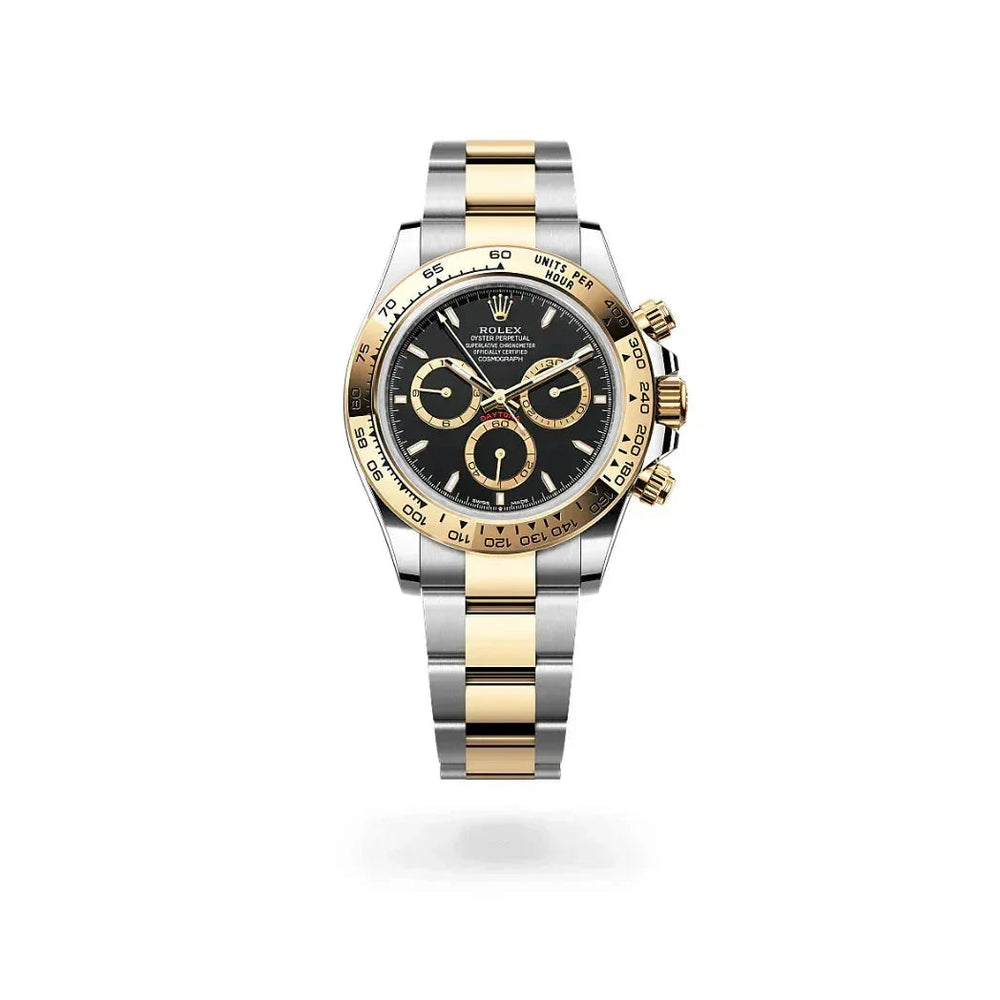 Luxury two-tone gold and silver chronograph watch with black dial on white background