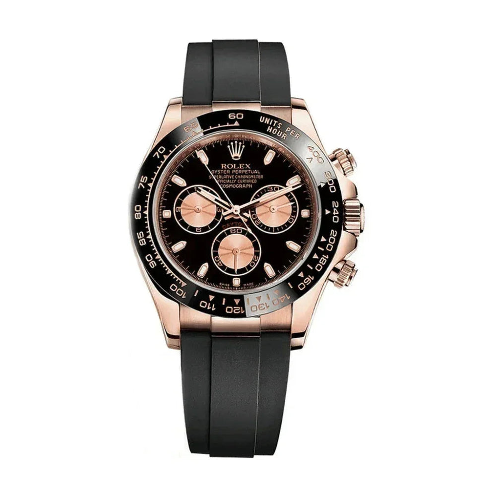 Rose gold chronograph watch with black dial and black rubber strap on white background