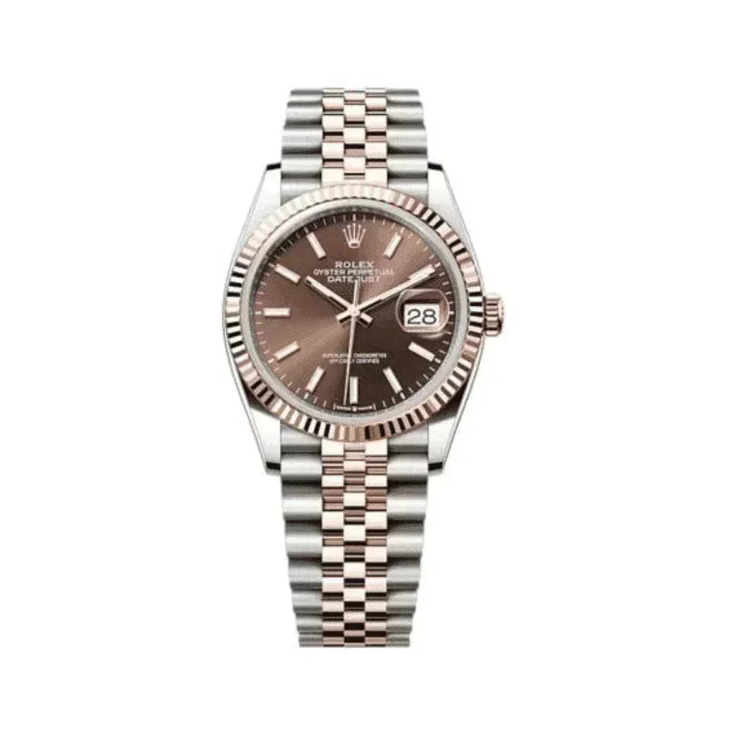 Rolex Datejust two-tone watch with brown dial, fluted bezel, and Jubilee bracelet