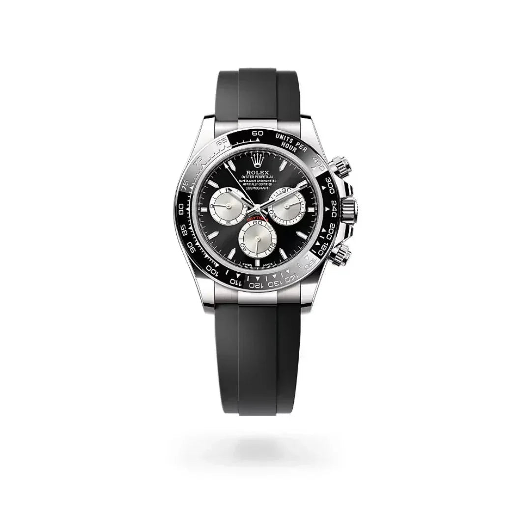 Rolex Daytona black dial chronograph watch with rubber strap on white background