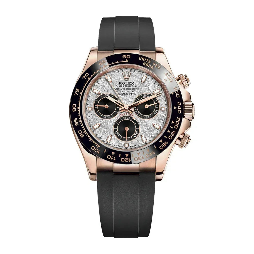 Luxury Rolex chronograph watch with meteorite dial, black bezel, and black rubber strap
