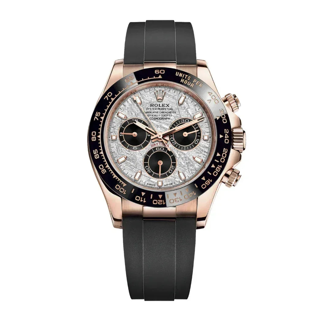 Luxury Rolex chronograph watch with meteorite dial, black bezel, and black rubber strap