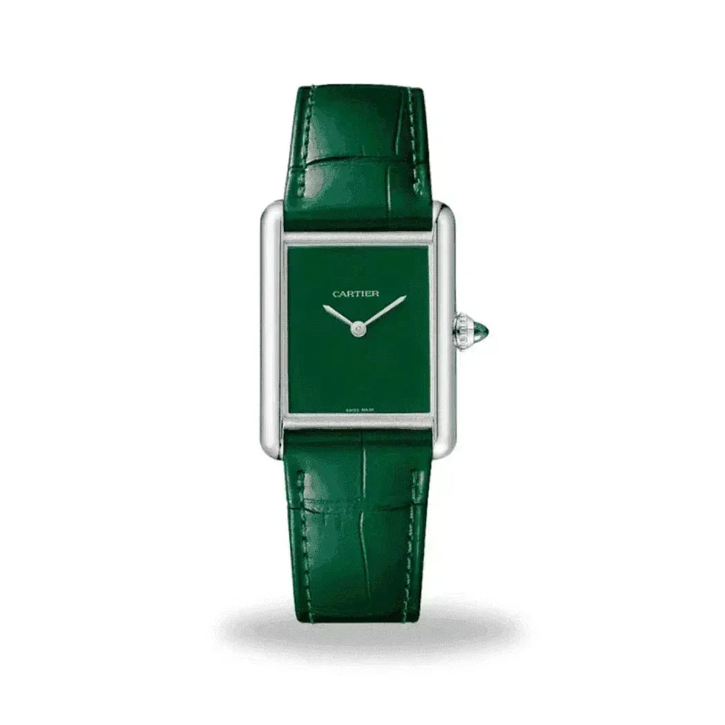 Cartier green leather strap watch with rectangular face on white background