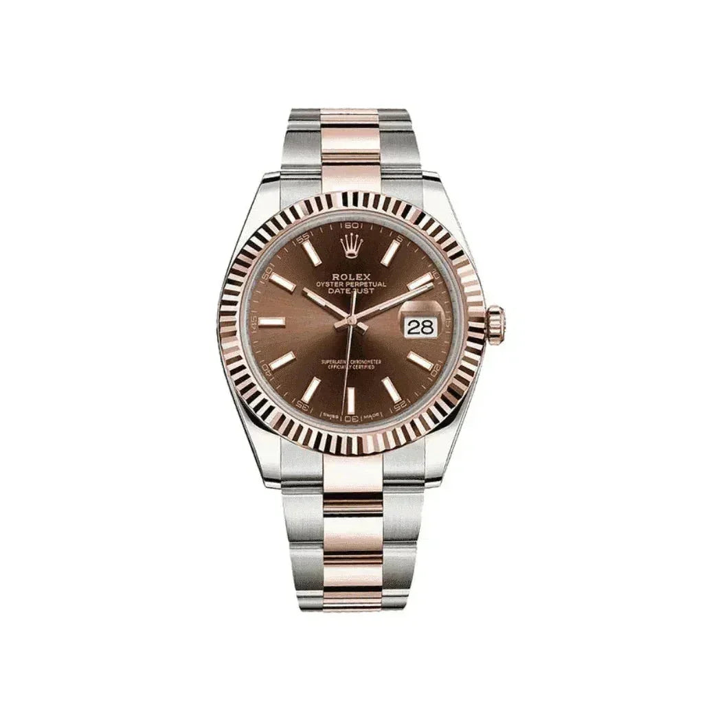 Rolex Datejust two-tone watch with brown dial, fluted bezel, and stainless steel rose gold bracelet