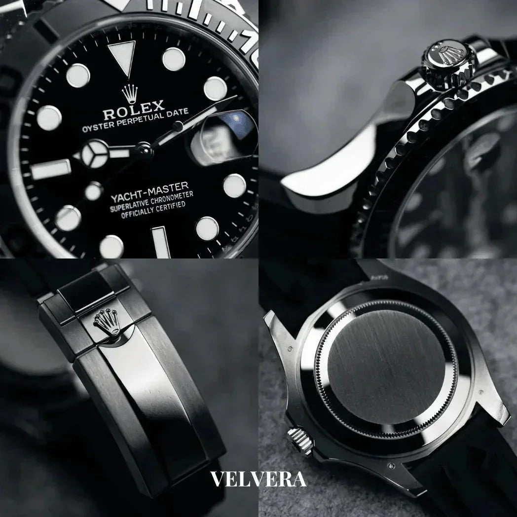 Rolex Yacht-Master black watch close-up, details of dial, bezel, clasp, and caseback on Velvera