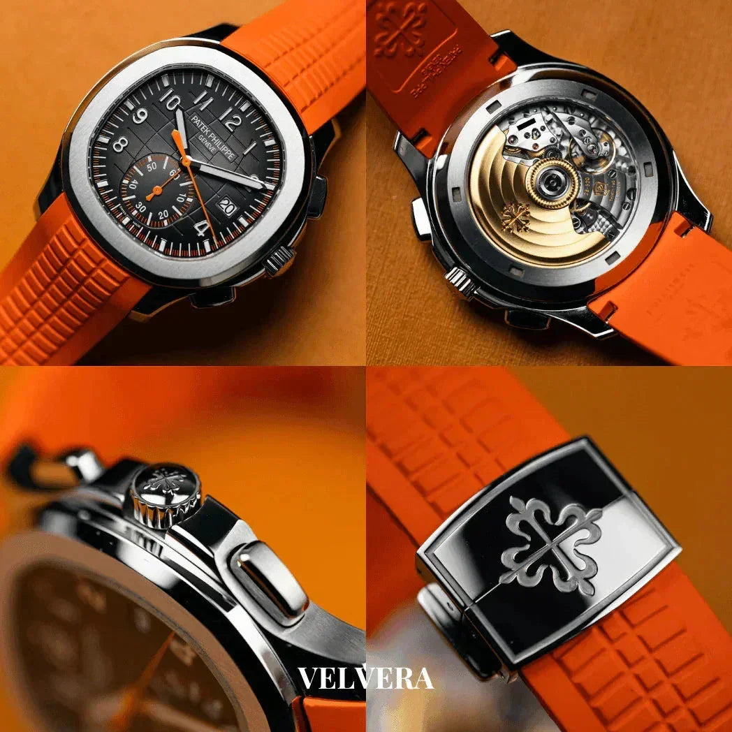 Patek Philippe watch with orange strap, black dial, open case back, and engraved clasp detail