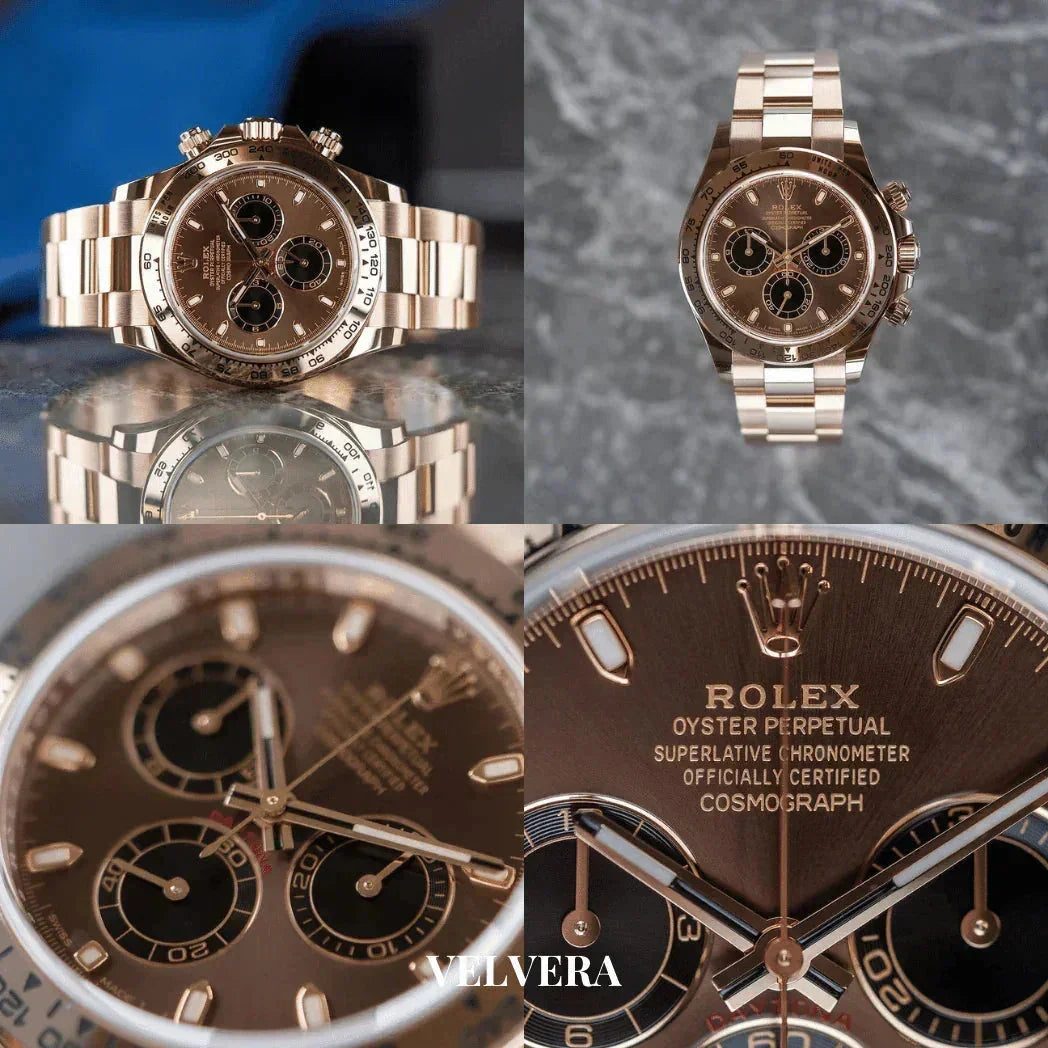 Rose gold Rolex Daytona watch with black subdials, luxury chronograph details, close-up shots