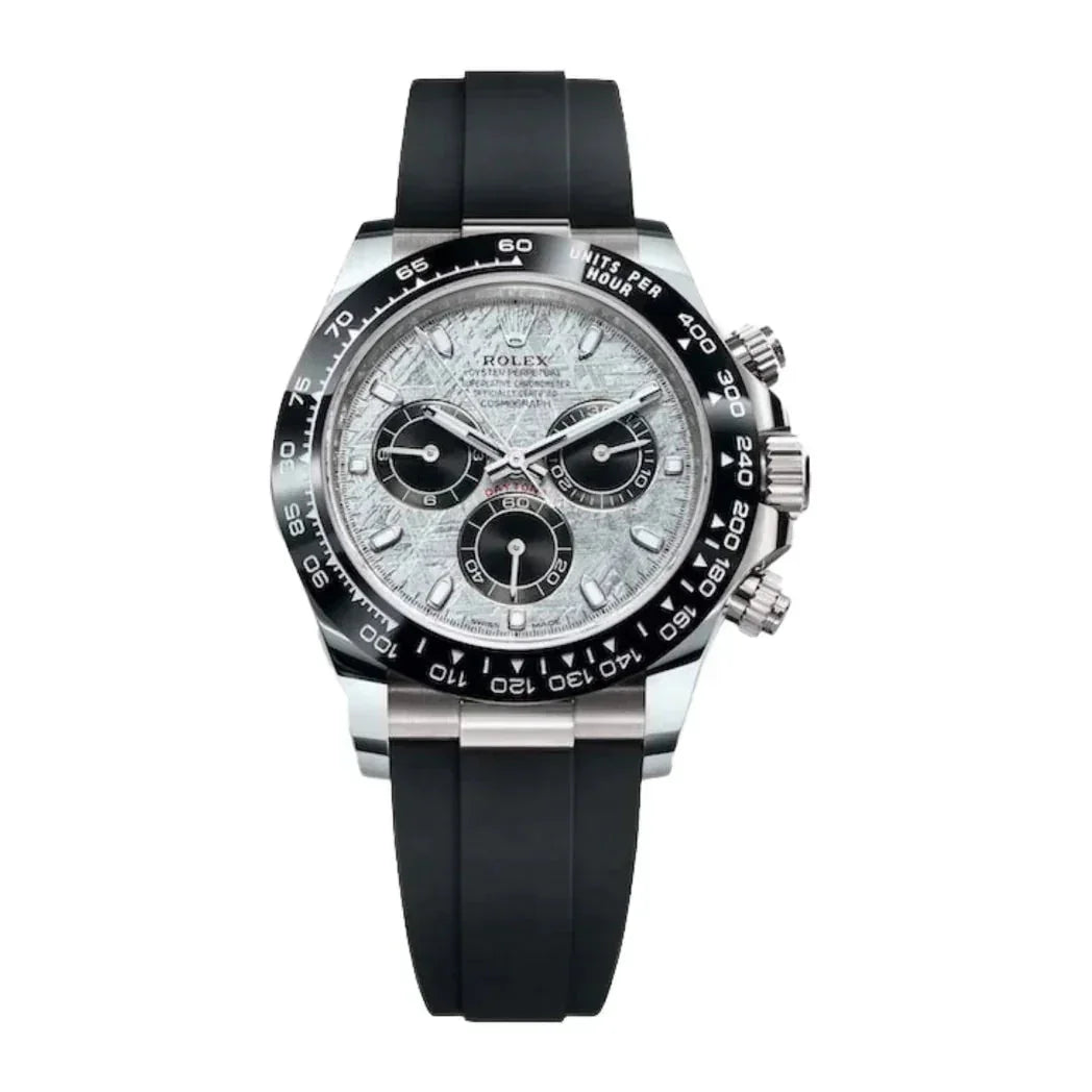 Luxury Rolex Daytona chronograph watch with black rubber strap and meteorite dial