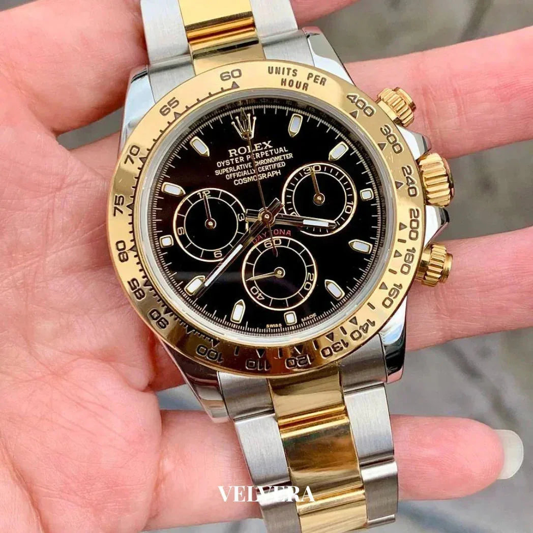 Rolex Daytona two-tone gold and stainless steel chronograph watch with black dial