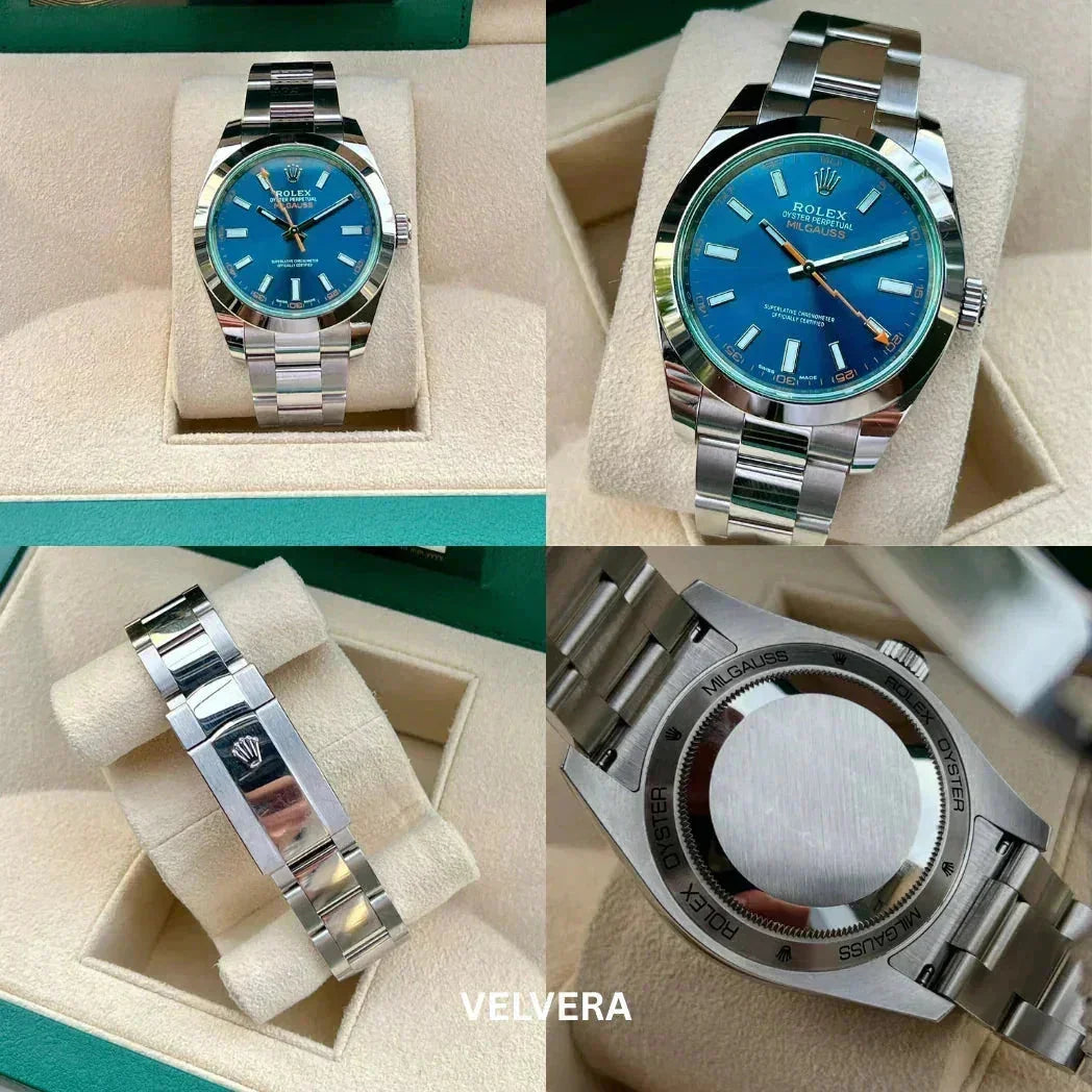 Rolex Milgauss stainless steel watch with blue dial, Oyster bracelet, in display box