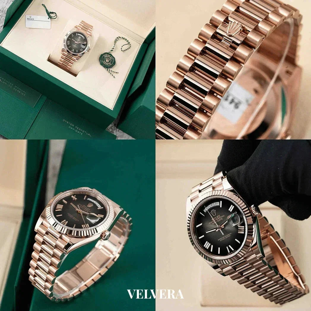 Luxury rose gold Rolex watch with black dial shown in box, close-up, and on display