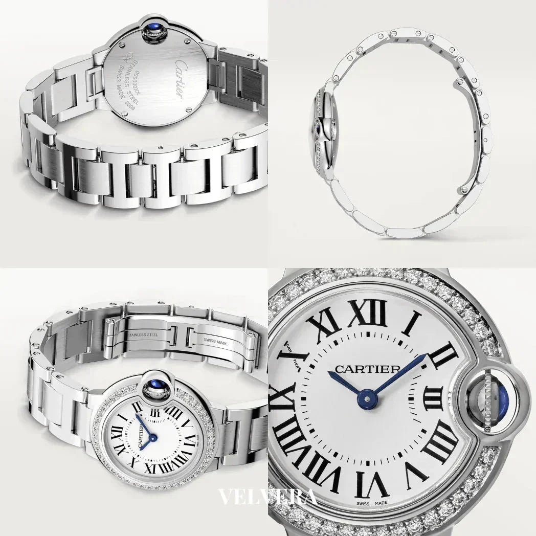 Cartier Ballon Bleu stainless steel watch with diamond bezel, blue hands, Roman numerals, and sapphire crown