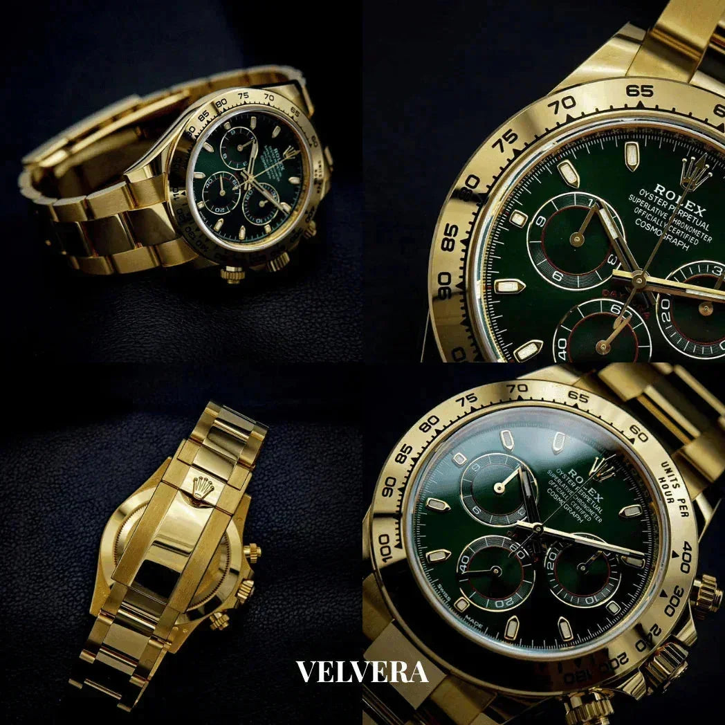 Gold Rolex Daytona watch with green dial on black background, Velvera branding