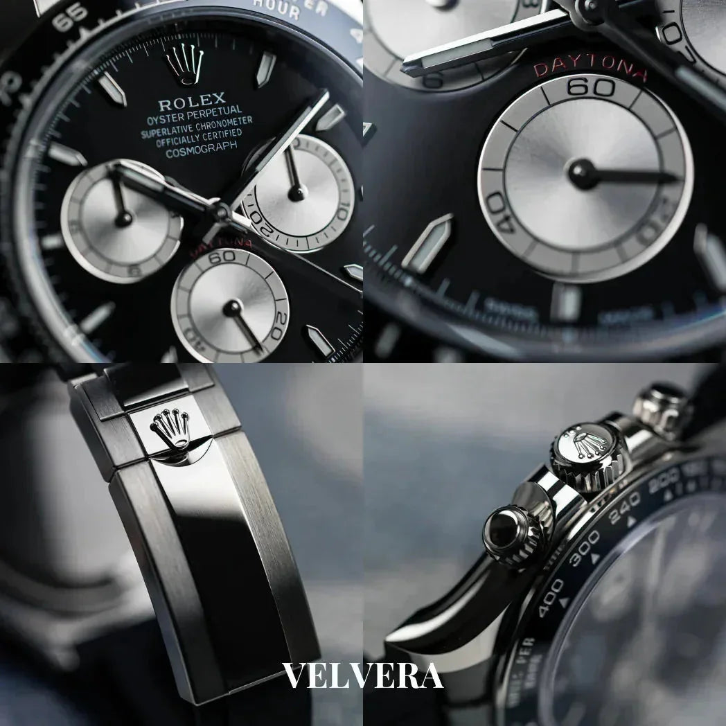 Close-up collage of a Rolex Daytona chronograph watch with black and silver details, Velvera logo