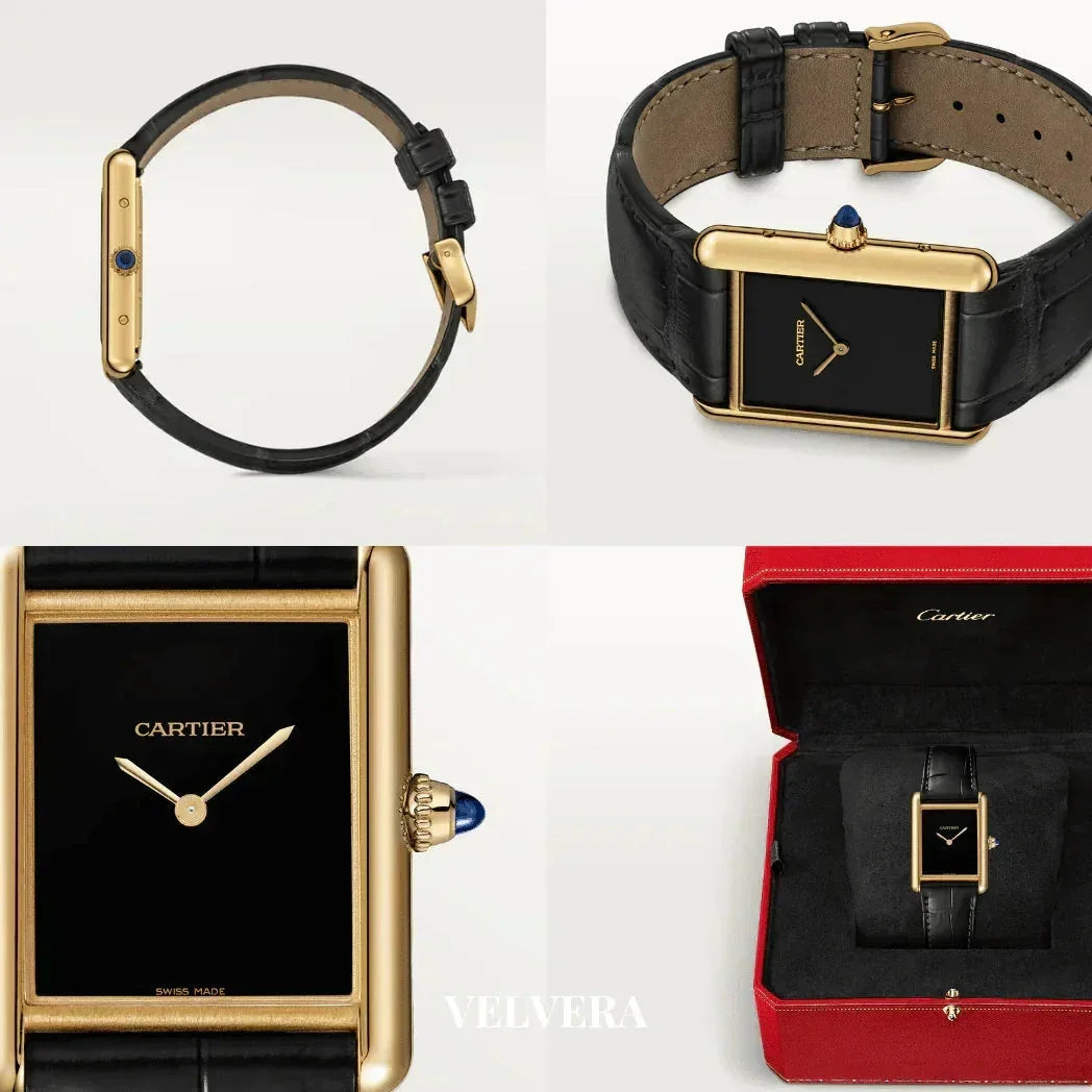 Cartier gold rectangular watch with black dial and leather strap, shown in red box and close-ups