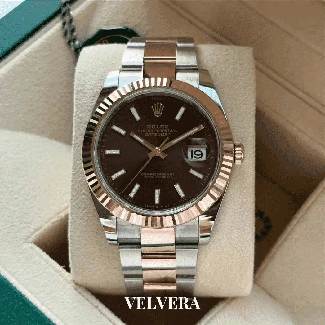 Rolex Datejust two-tone watch with black dial and fluted bezel in beige display box, Velvera