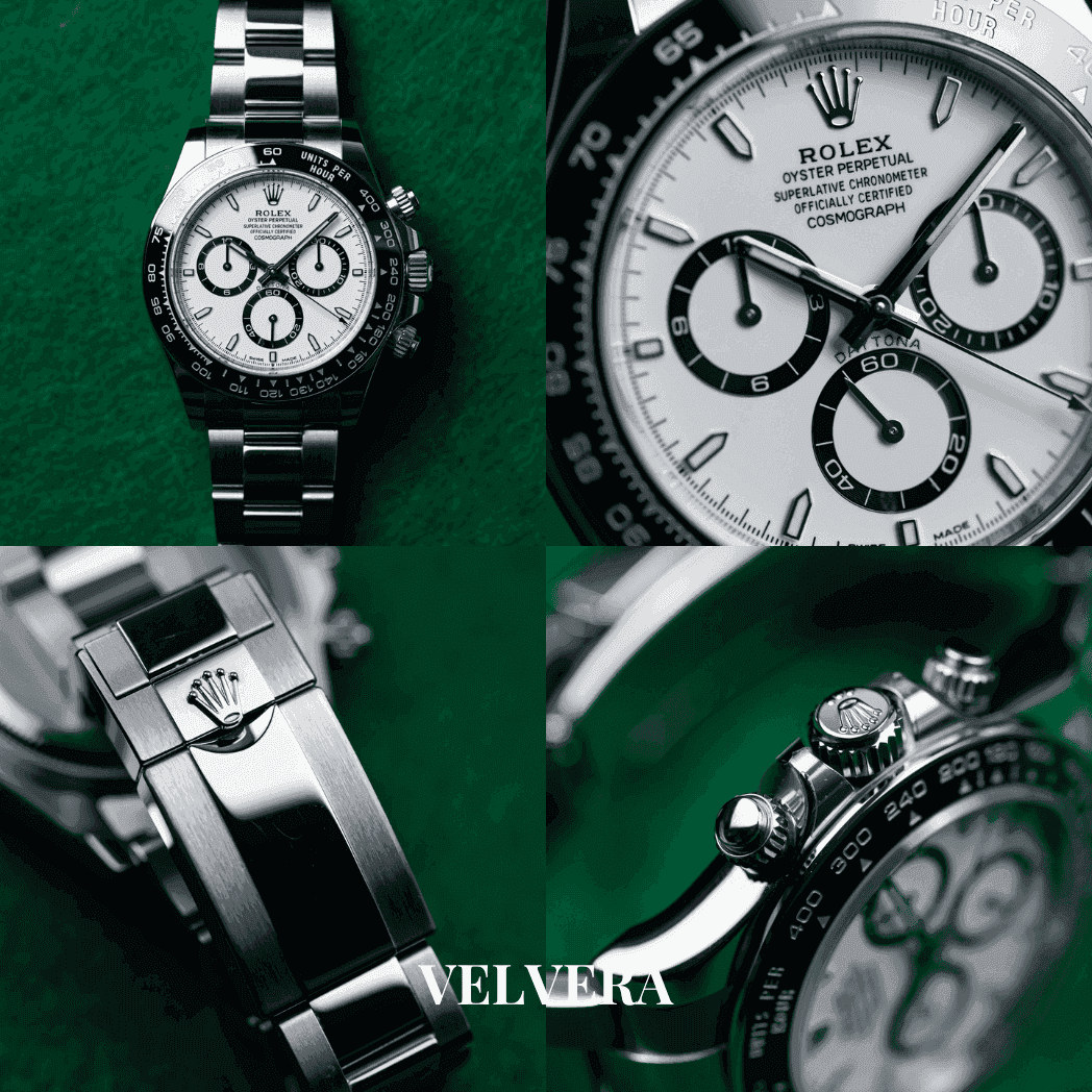 Luxury Rolex Cosmograph Daytona steel watch close-ups on green background, Velvera branding