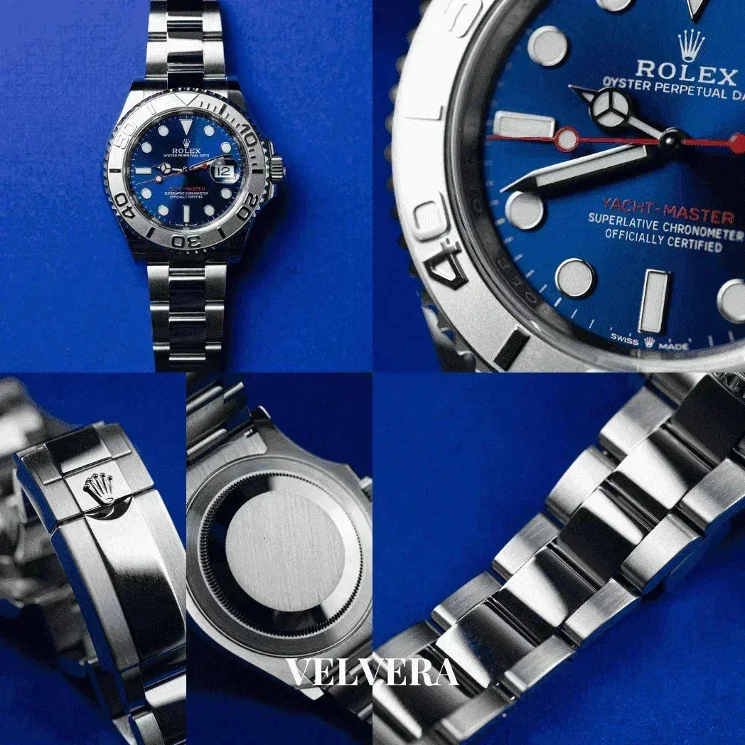 Rolex Yacht-Master luxury watch with blue dial and stainless steel bracelet on blue background