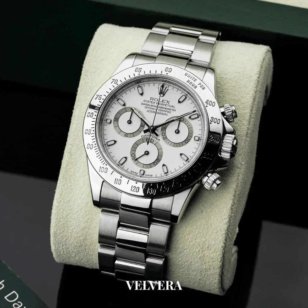 Stainless steel chronograph watch with white dial on cushion, luxury Velvera branding