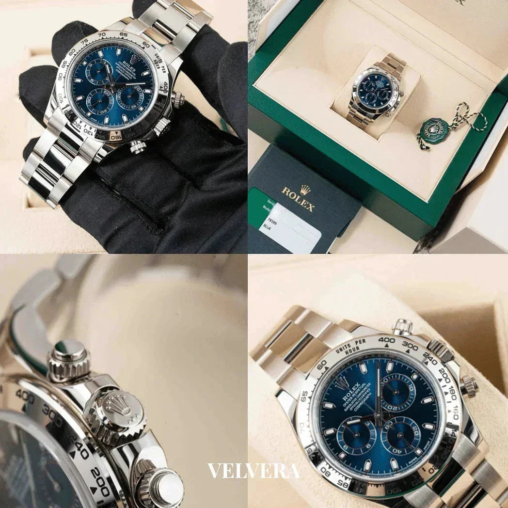 Luxury Rolex Daytona steel watch with blue dial in box, close-up and branded packaging