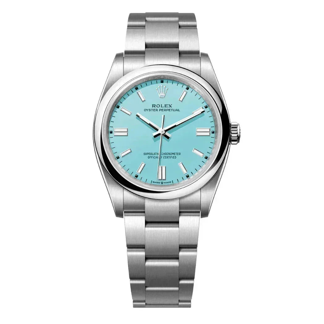 Rolex Oyster Perpetual watch with a turquoise dial and stainless steel bracelet