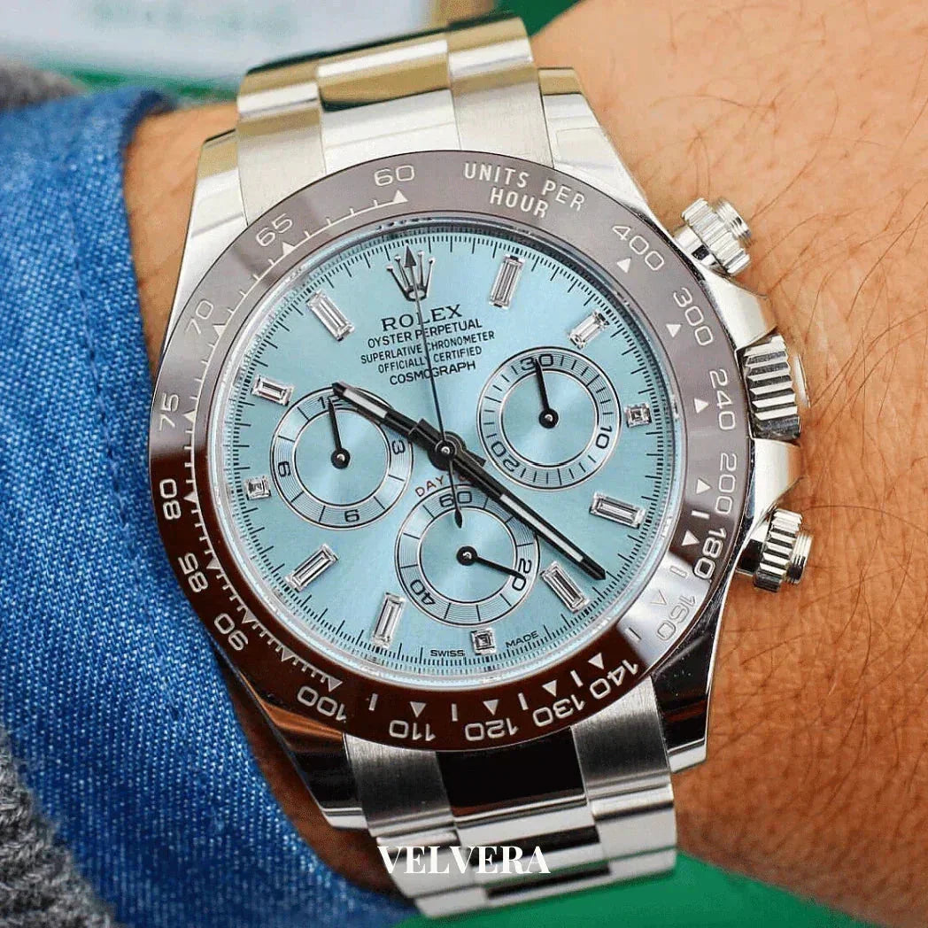 Rolex Daytona ice blue dial chronograph stainless steel watch on wrist, luxury men's watch