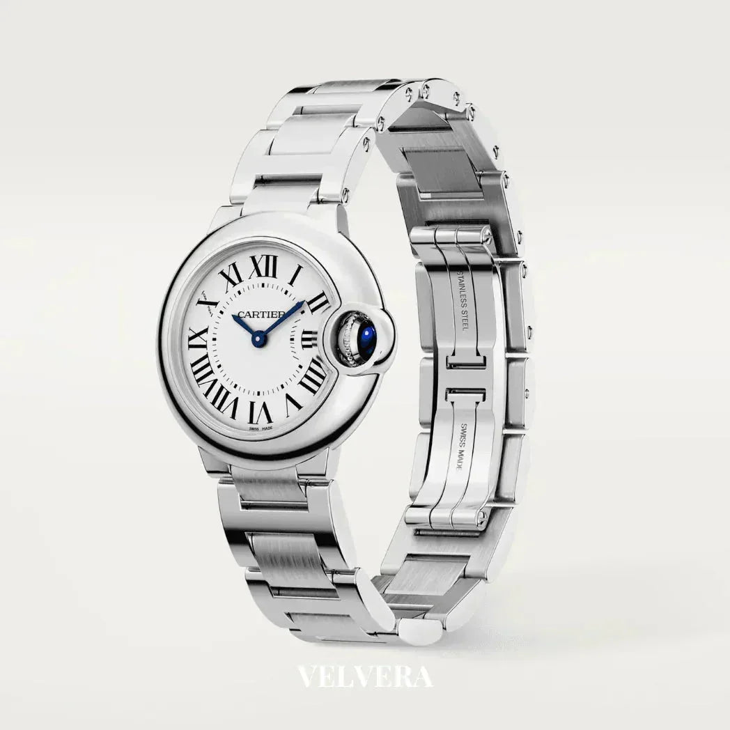Cartier stainless steel watch with Roman numerals and blue crown on white background