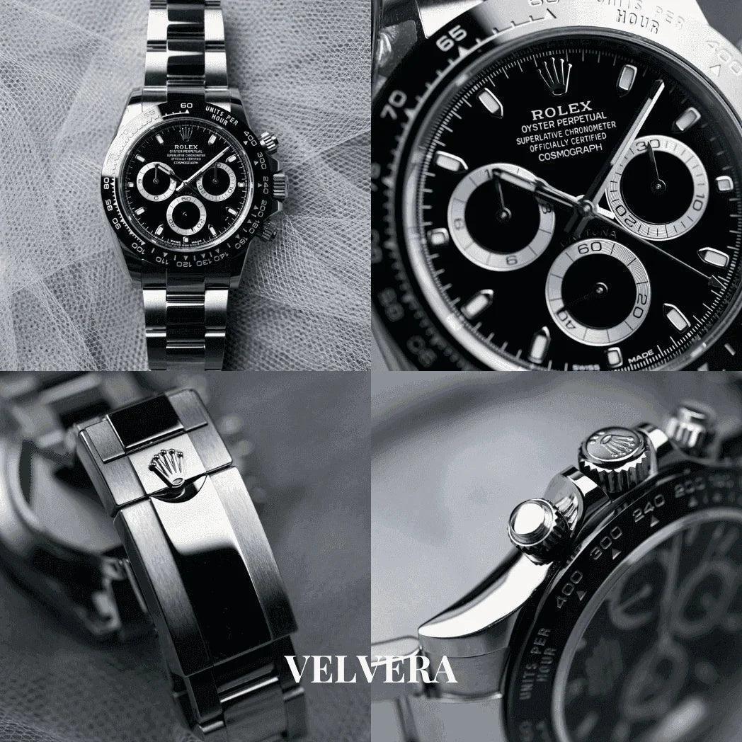 Luxury Rolex Oyster Perpetual Cosmograph Daytona stainless steel watch close-up collage