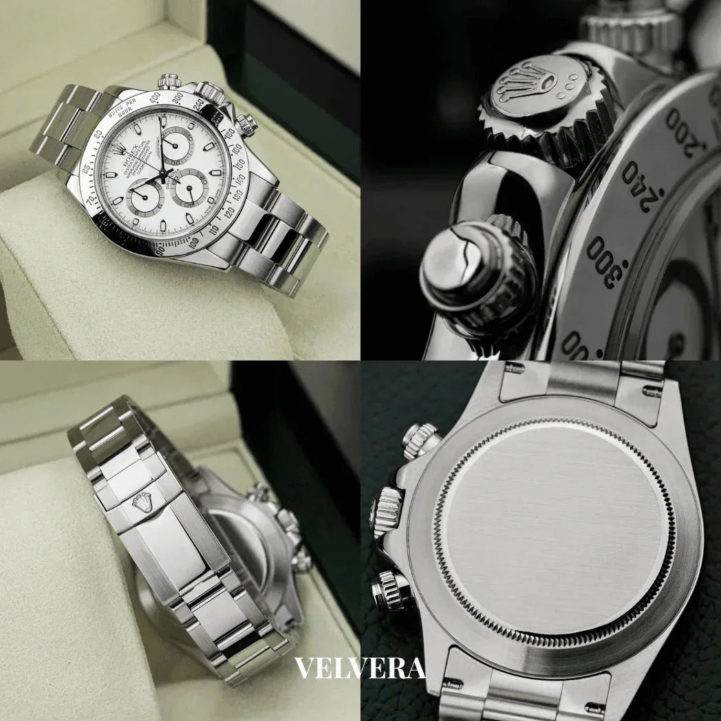Stainless steel chronograph watch with white dial and oyster bracelet, close-up details.