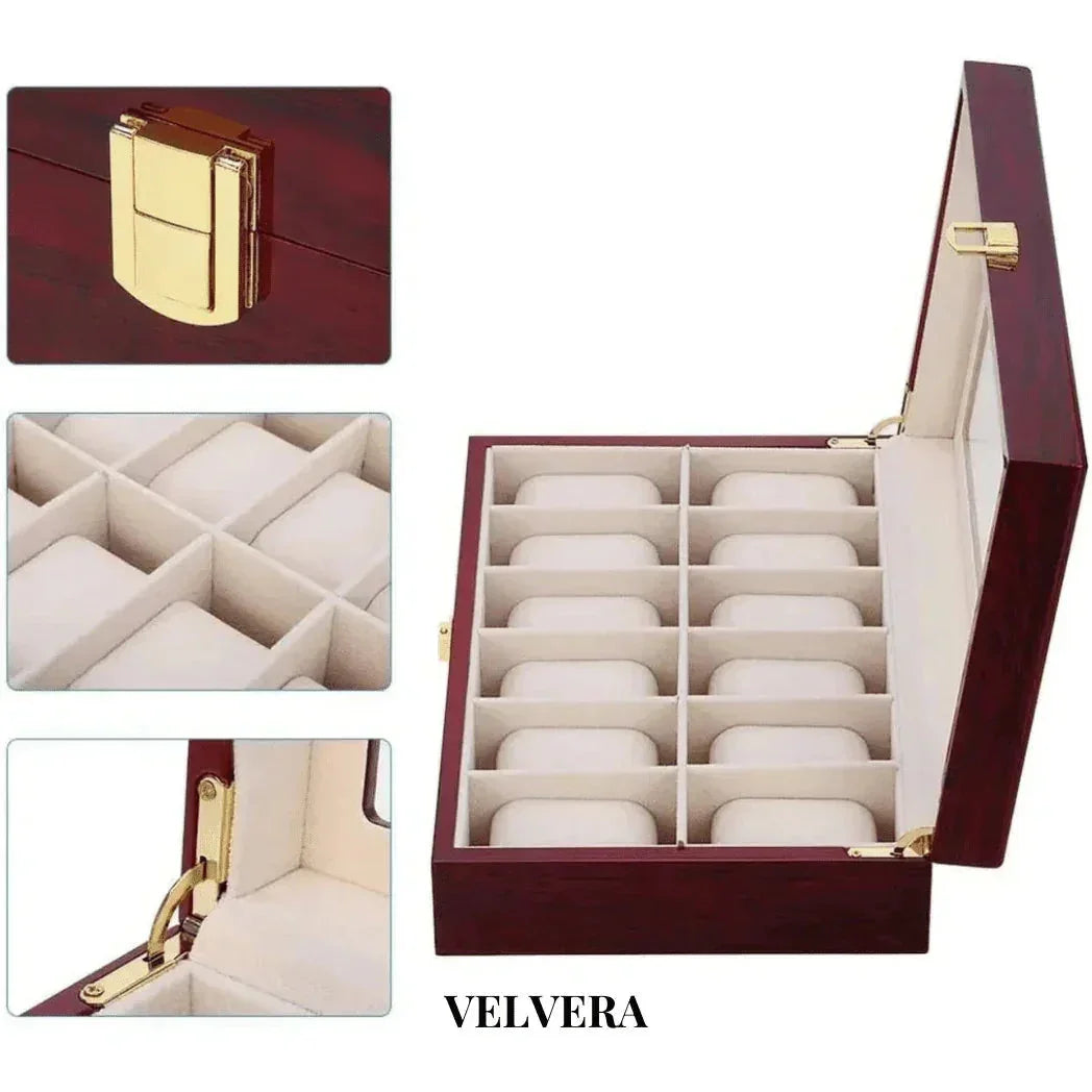 Wooden watch box with glass lid, gold latch, and velvet interior for 12 watches by Velvera