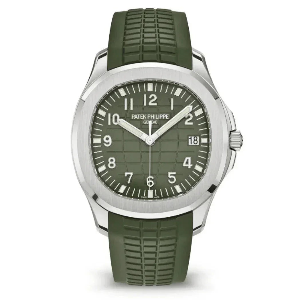 Patek Philippe Aquanaut watch with green rubber strap and green textured dial close up
