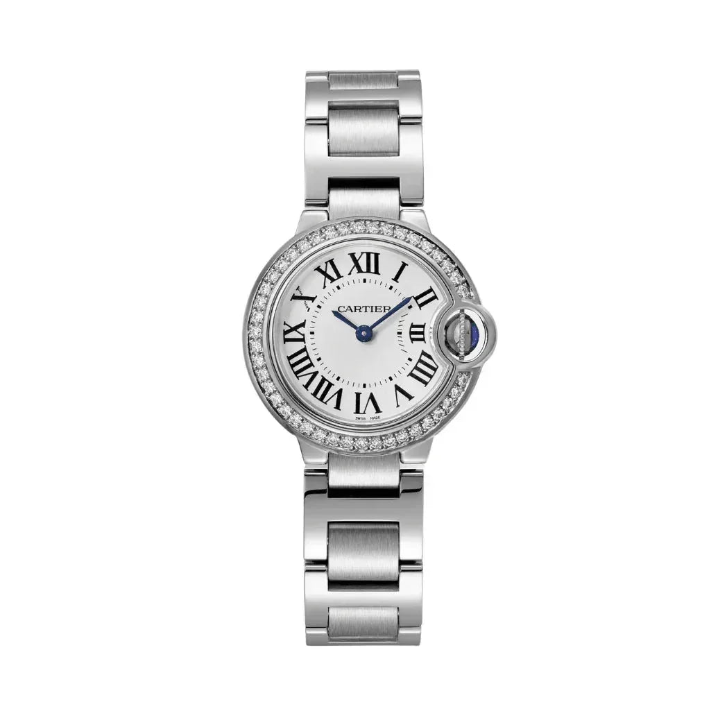 Luxury silver wristwatch with Roman numerals, diamond bezel, and metal bracelet on white background