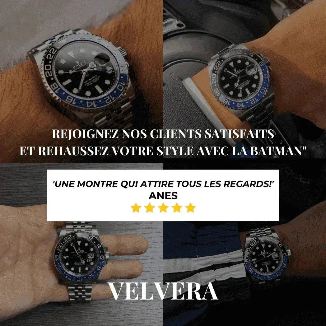 Rolex GMT-Master II Batman watch on wrist collage, jubilee bracelet, Velvera customer review