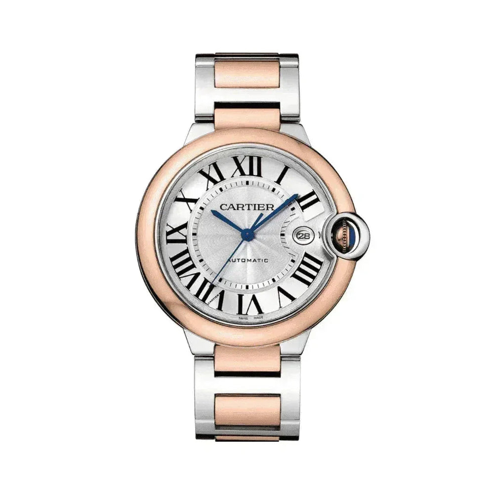 Women's Ballon Bleu watch with silver and rose gold bracelet, Roman numerals, and date window