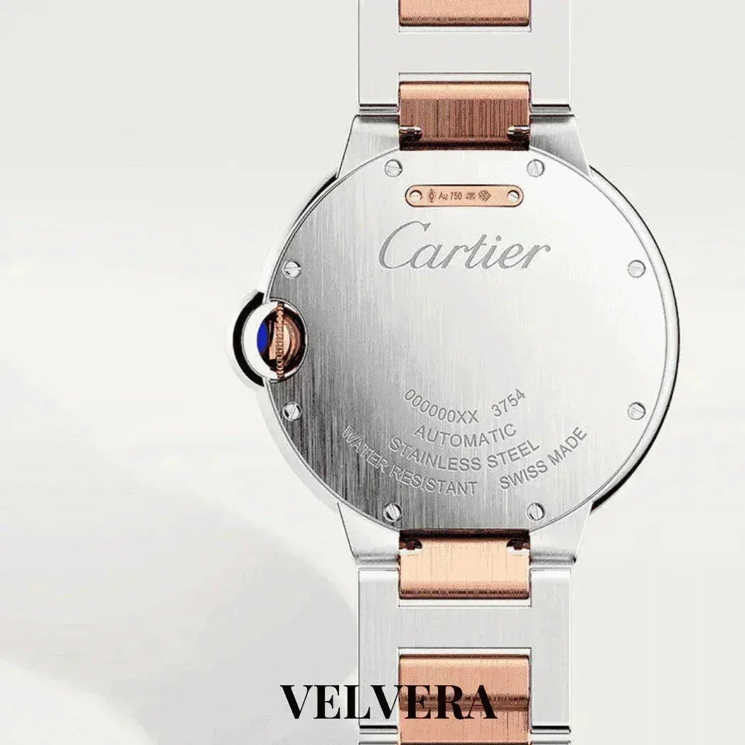 Back view of Cartier Ballon Bleu women's watch in stainless steel and rose gold, VELVERA branding.