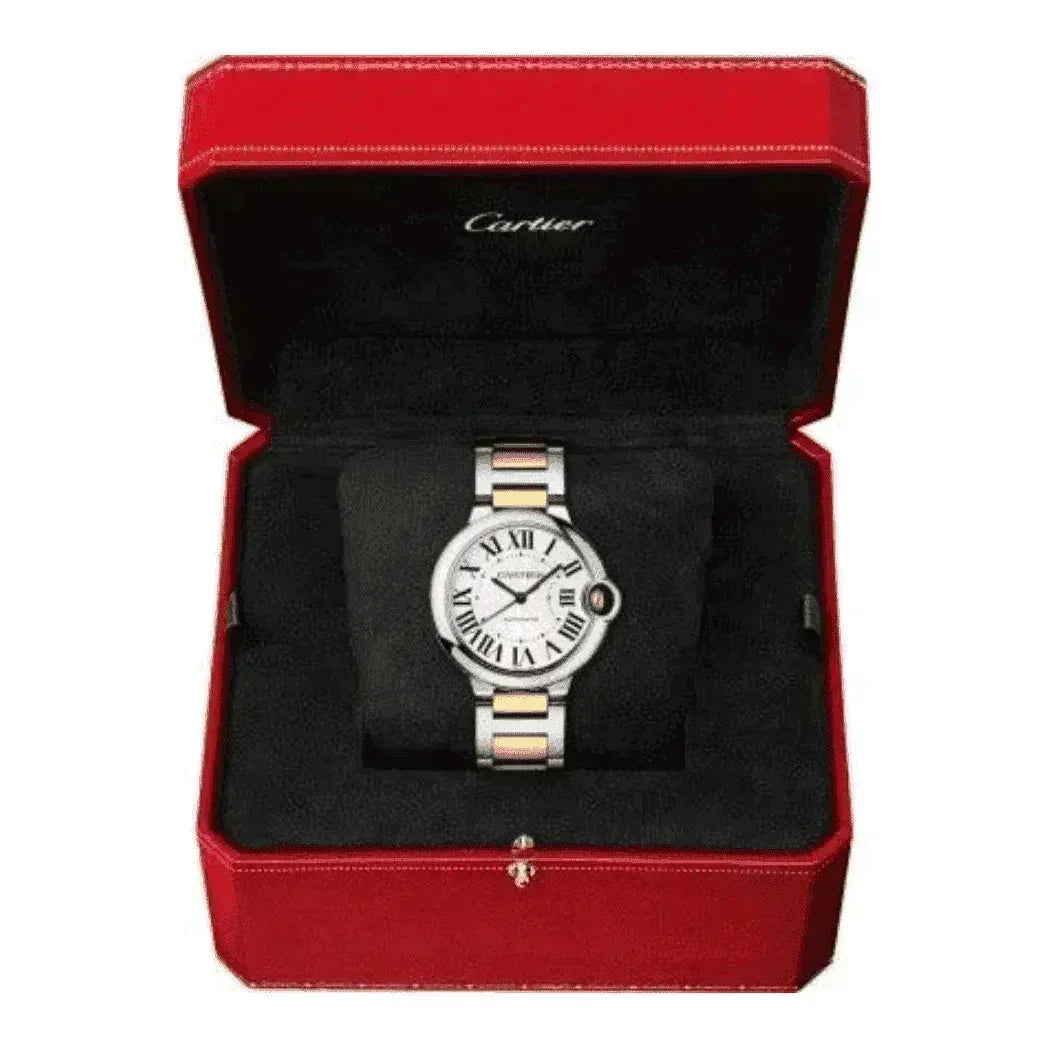 Women's two-tone steel and gold watch in red Cartier box, Roman numeral dial