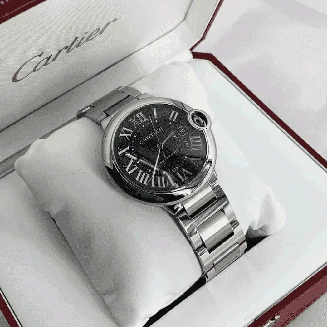 Silver Cartier Ballon Bleu women's watch with black dial in branded box