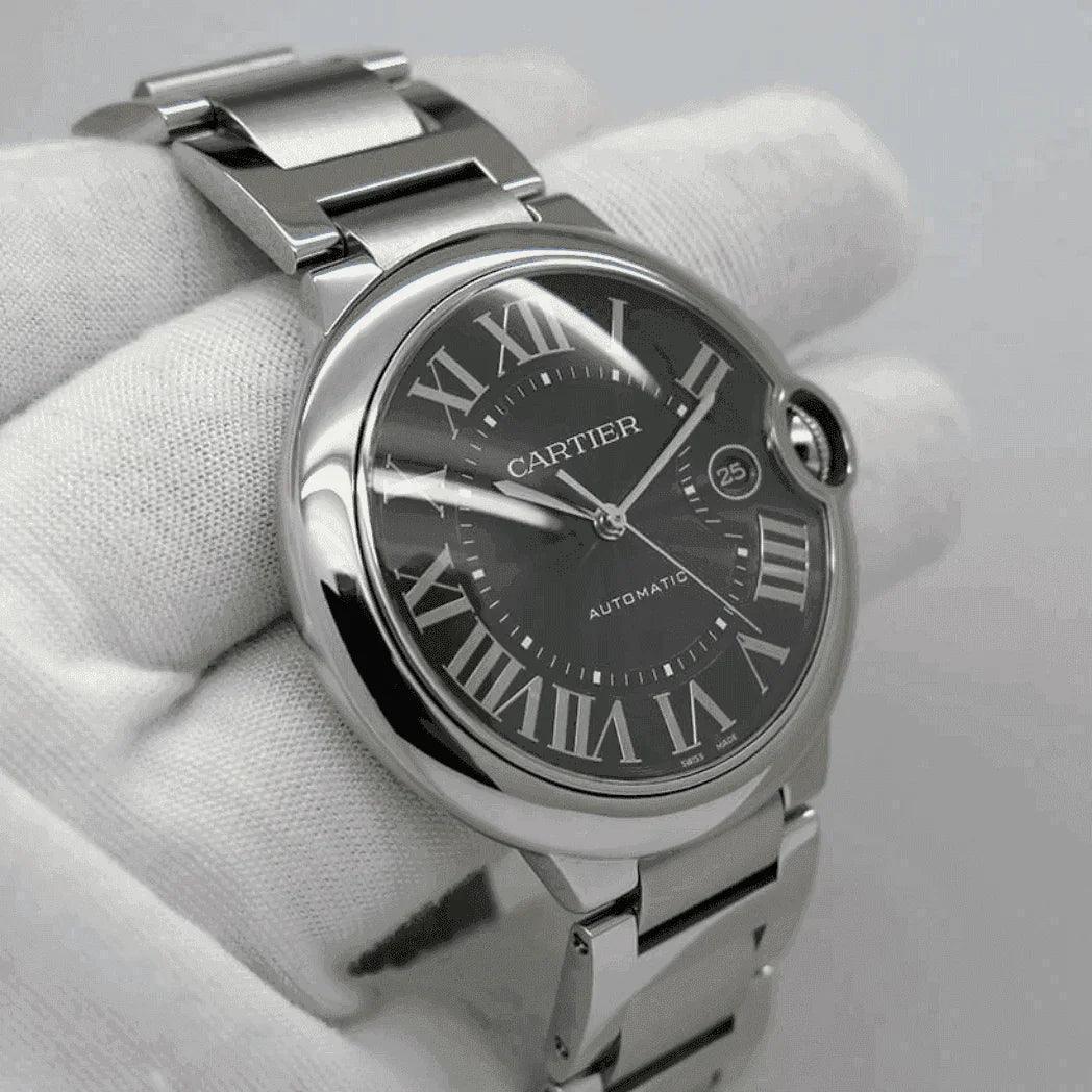 Stainless steel Cartier Ballon Bleu women's watch with black dial and Roman numerals