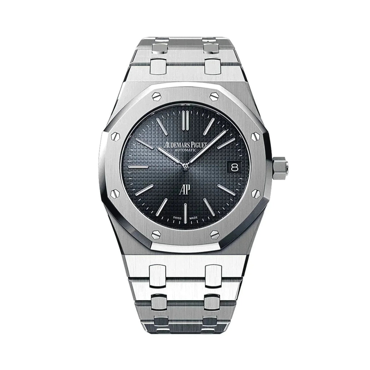 Audemars Piguet Royal Oak 41mm blue dial men's luxury stainless steel watch on white background