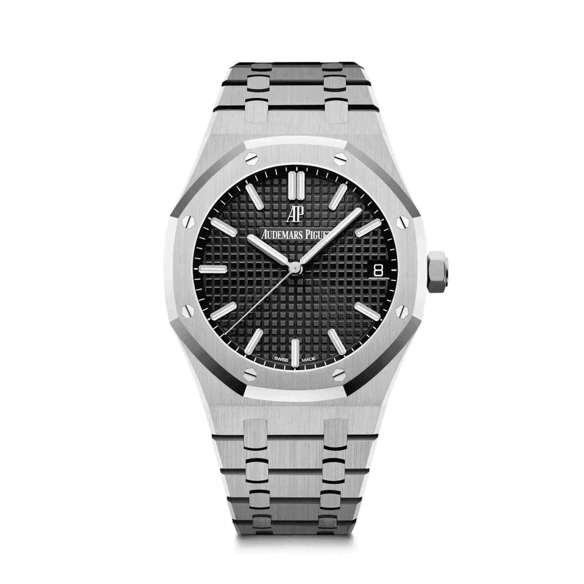 Luxury men's silver Audemars Piguet Royal Oak watch with black dial and steel bracelet
