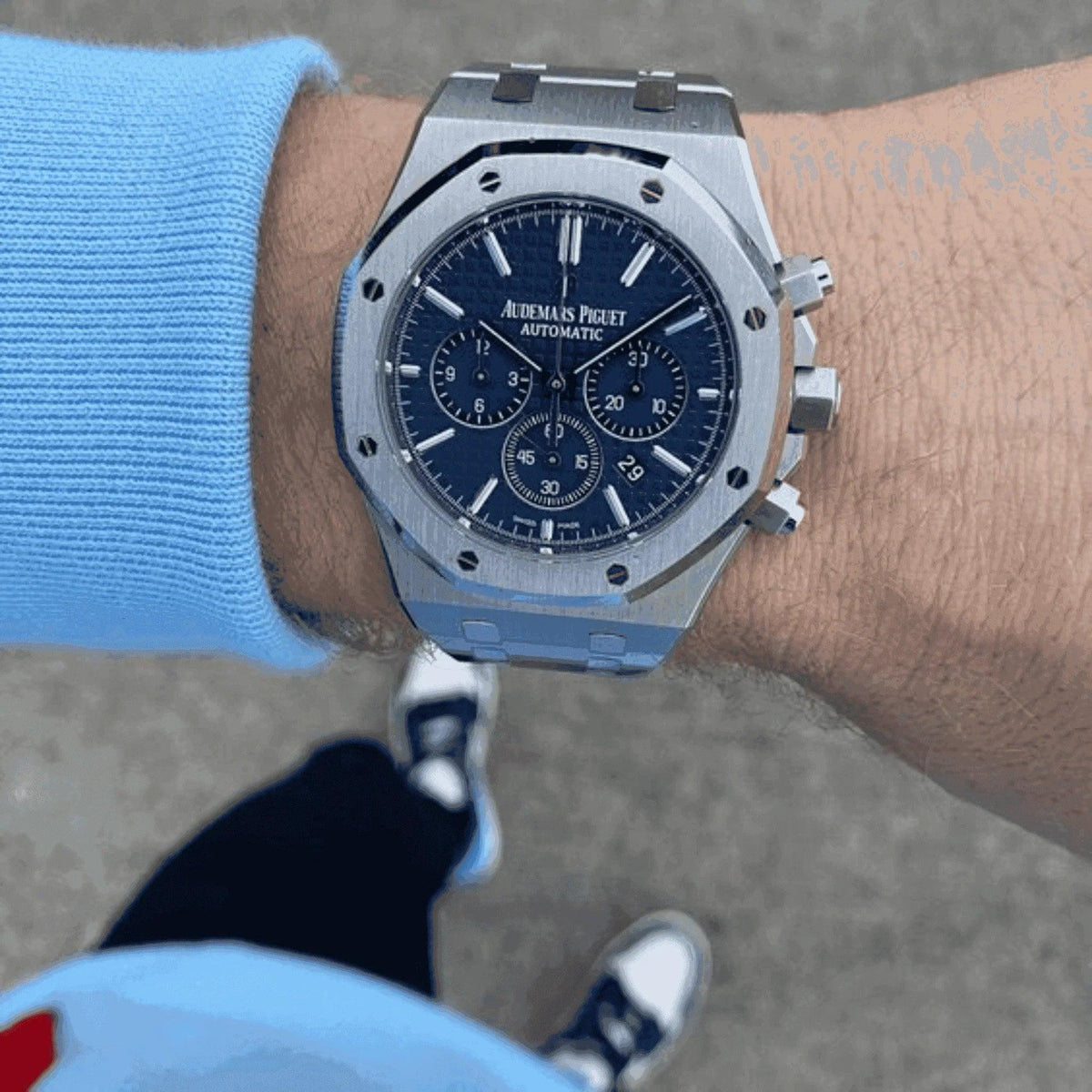 Audemars Piguet Royal Oak chronograph 41mm stainless steel blue dial on wrist