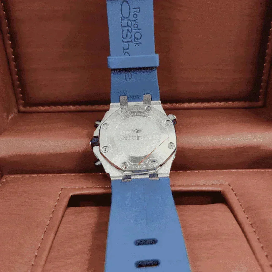 Back view of AP Royal Oak Offshore Diver Chronograph with blue strap in watch box