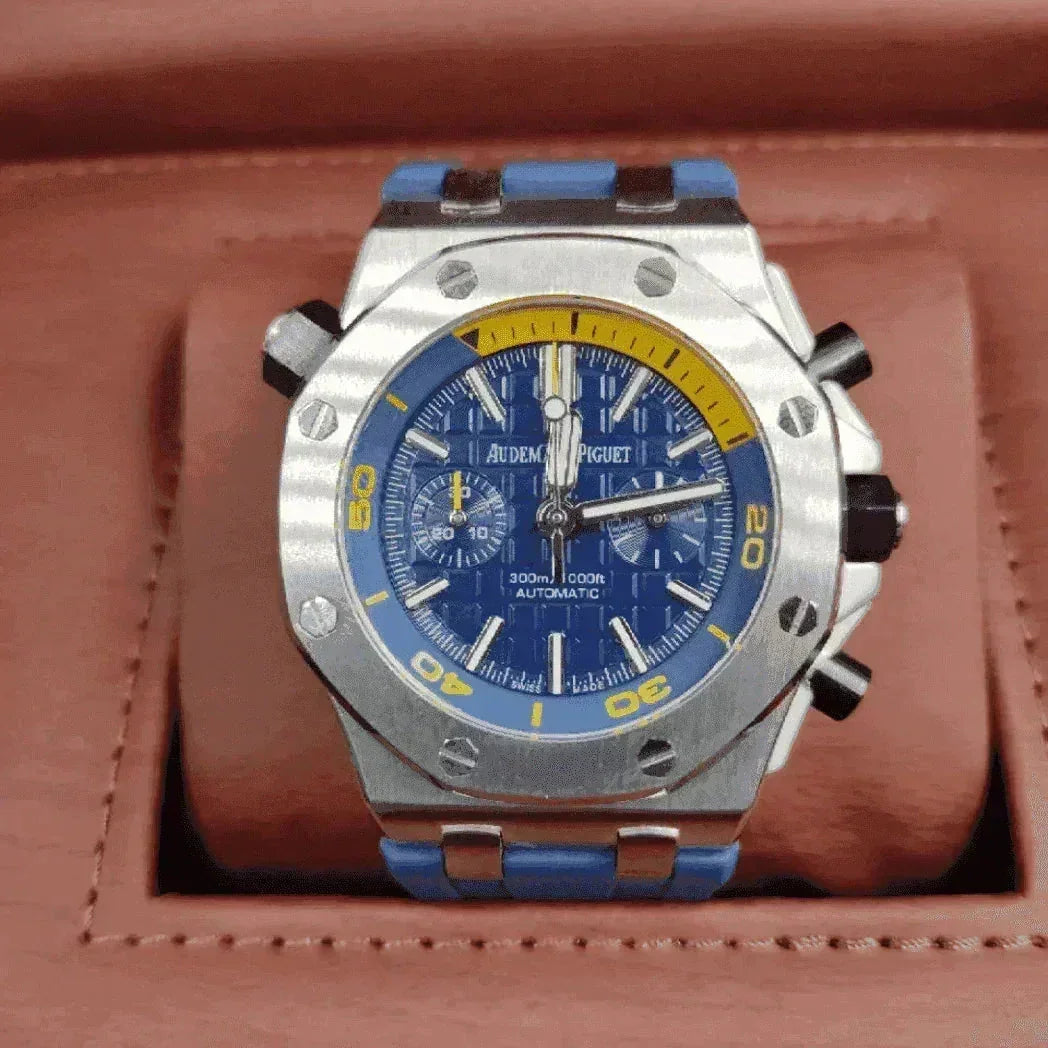 Audemars Piguet Royal Oak Offshore Diver chronograph watch with blue and yellow dial in leather box