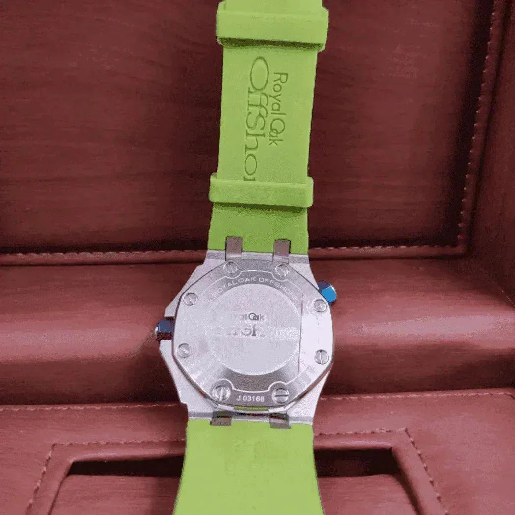 Royal Oak Offshore Diver chronograph watch with green strap on brown leather box
