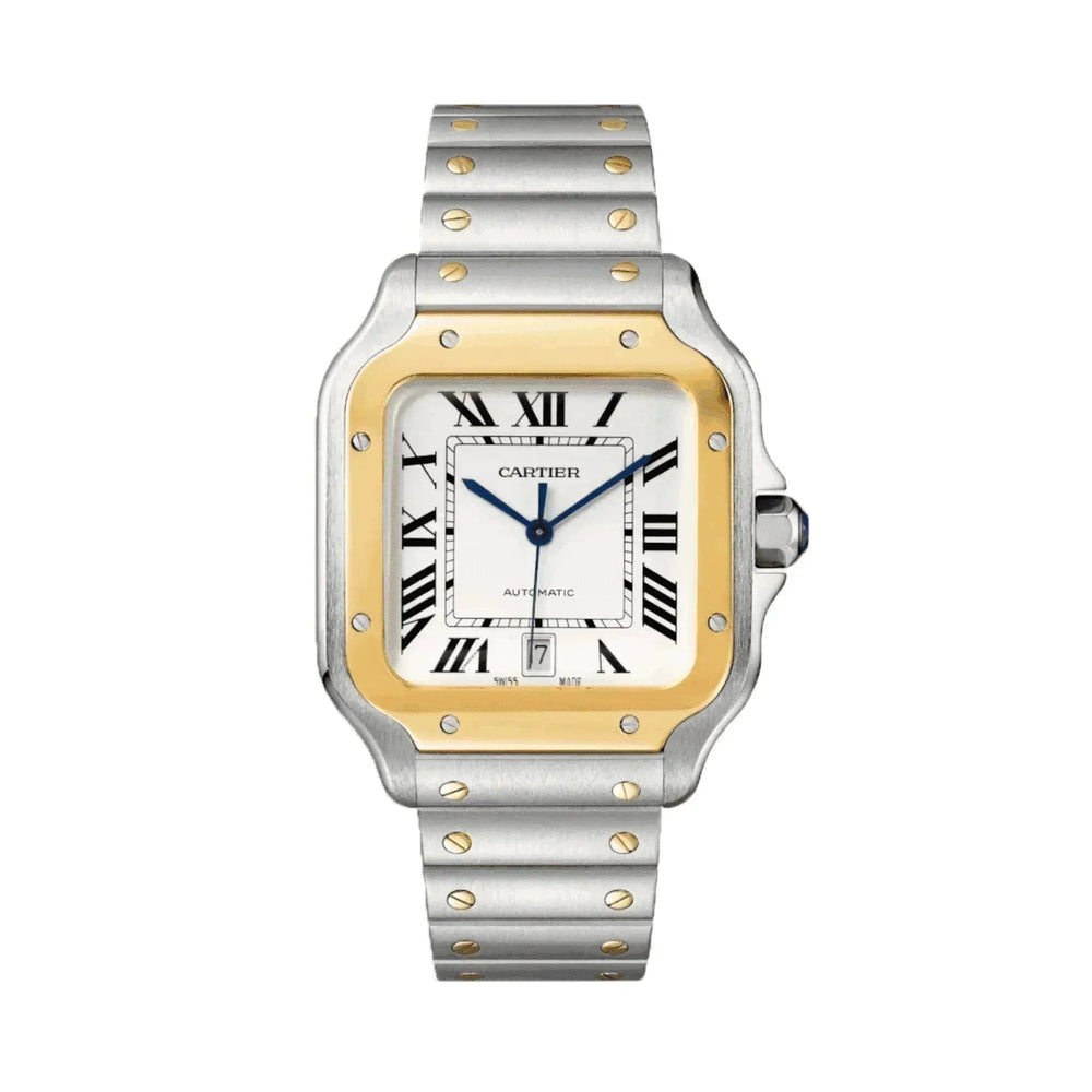 Cartier Santos men's watch two-tone steel gold Roman numerals white dial luxury timepiece